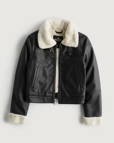 Women's Crop Faux Fur-Lined Faux Leather Biker Jacket | Women's Jackets & Coats | HollisterCo.com | Hollister (UK)
