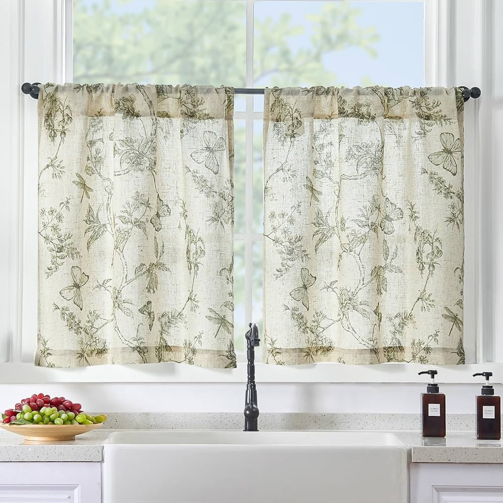 Lazzzy Green Floral Linen Kitchen Curtains 24 Inch Length, Farmhouse Cafe Curtains Over Sink Rust... | Amazon (CA)