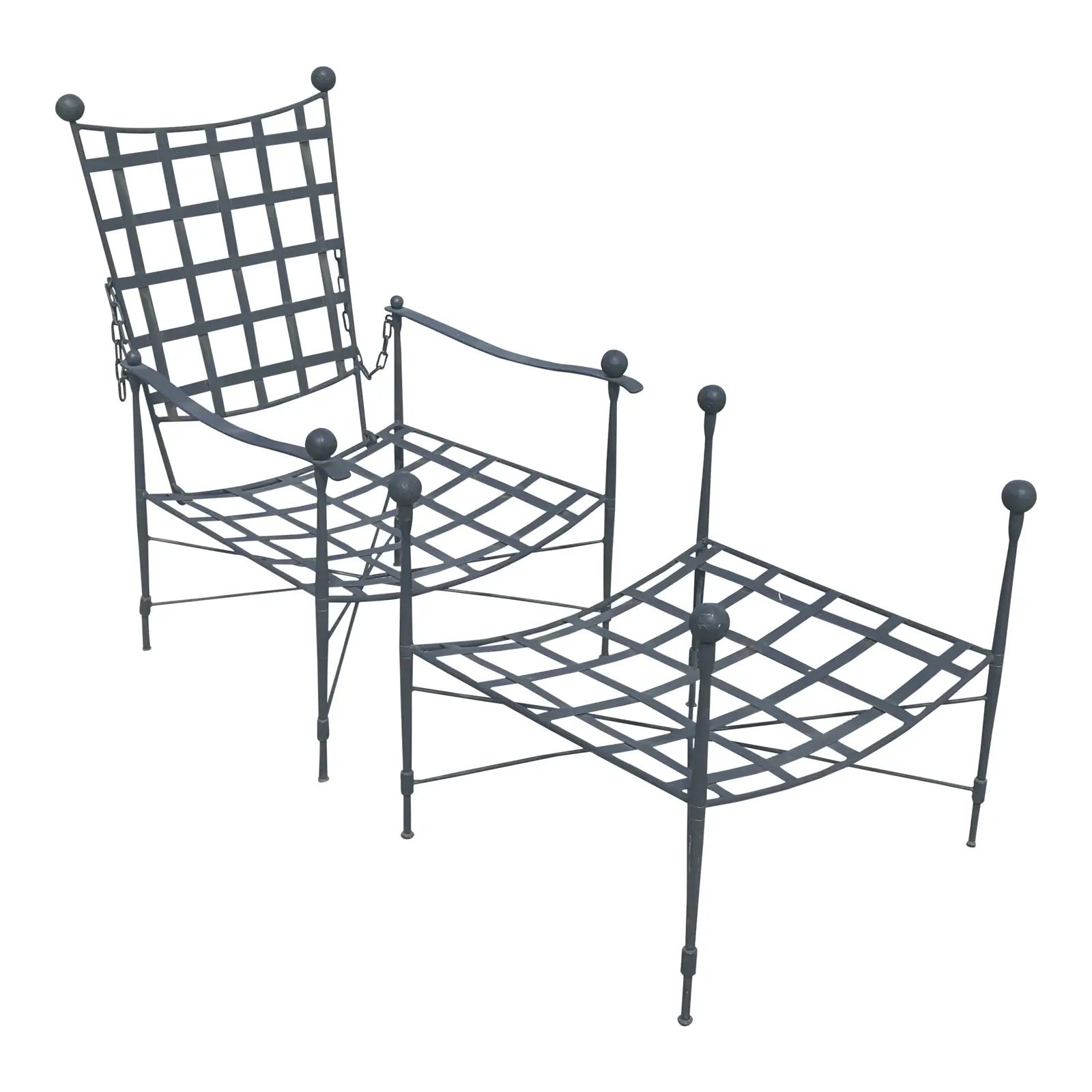 Mario Papperzini for Salterini Italian Wrought Iron Reclining Arm Chair and Ottoman | Chairish