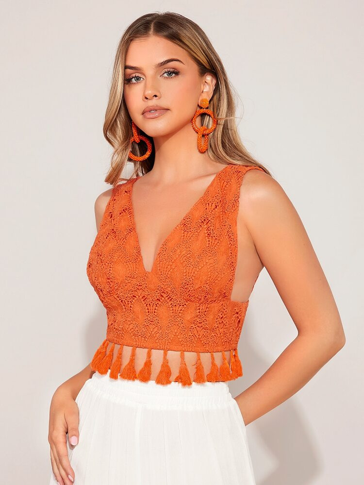 SHEIN Contrast Guipure Lace Tassel Hem Tank Top | SHEIN