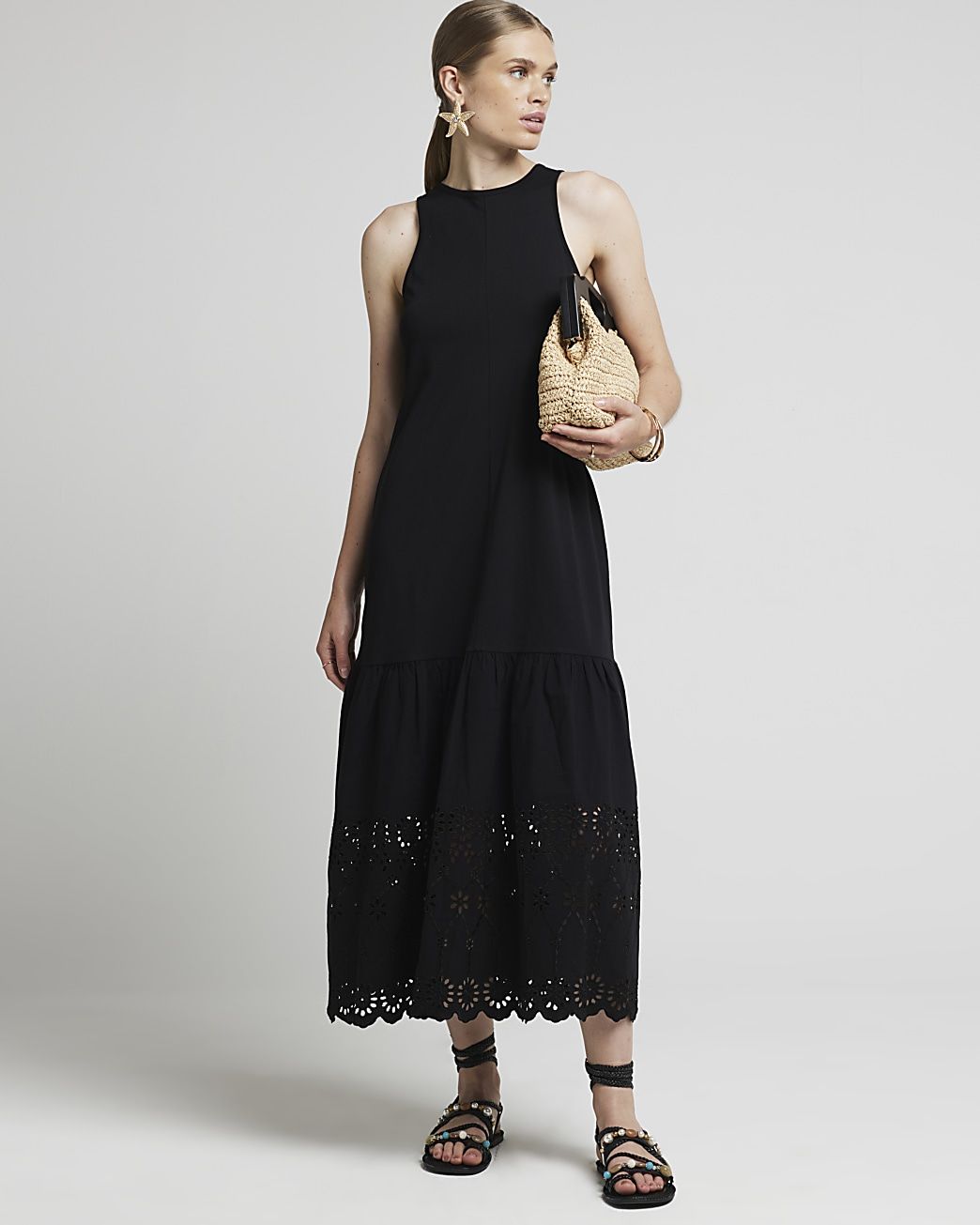 Black Broderie Hem Shift Midi Dress | River Island (UK & IE)