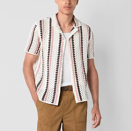 Mens Short Sleeve Striped Button-Down Crochet Shirt, Large, White | JCPenney