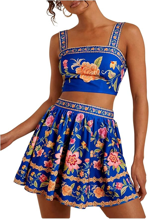 Floerns Women's Two Piece Outfit Tropical Crop Cami Top and Summer Skirts Set | Amazon (US)