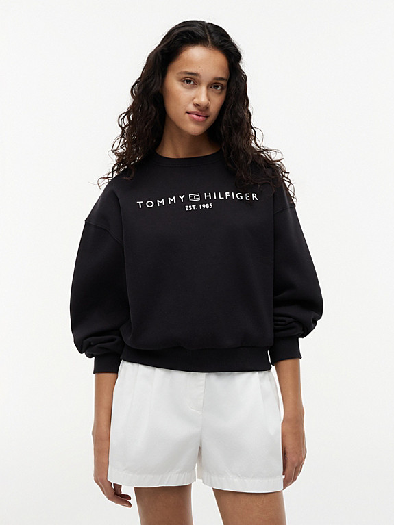 Logo Relaxed Fleece Sweatshirt | Black | Tommy Hilfiger | Tommy Hilfiger UK