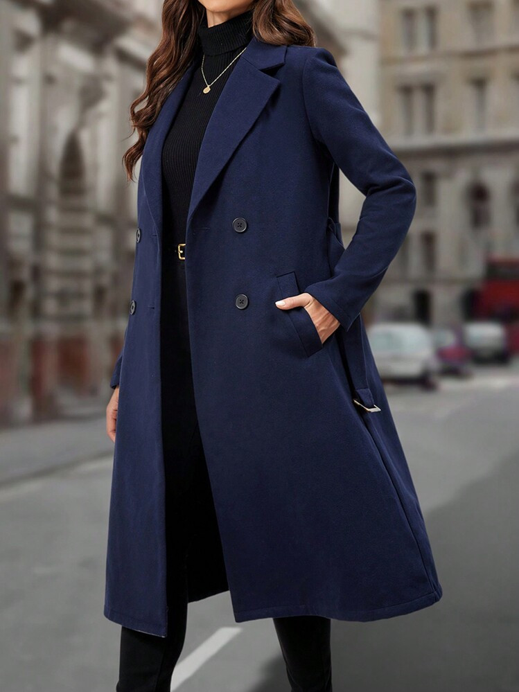 EMERY ROSE Lapel Neck Double Breasted Belted Overcoat In Fall/Winter | SHEIN