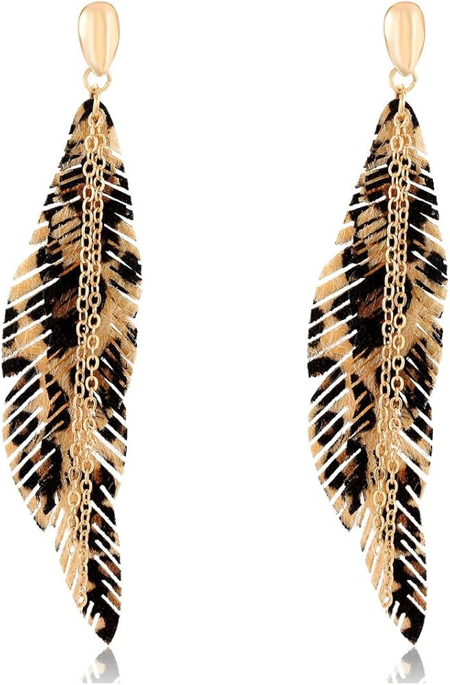 NVENF Feather Tassel Dangle Earrings for Women Bohemian Faux Leather Plume Gold-tone Metal Chain ... | Amazon (US)