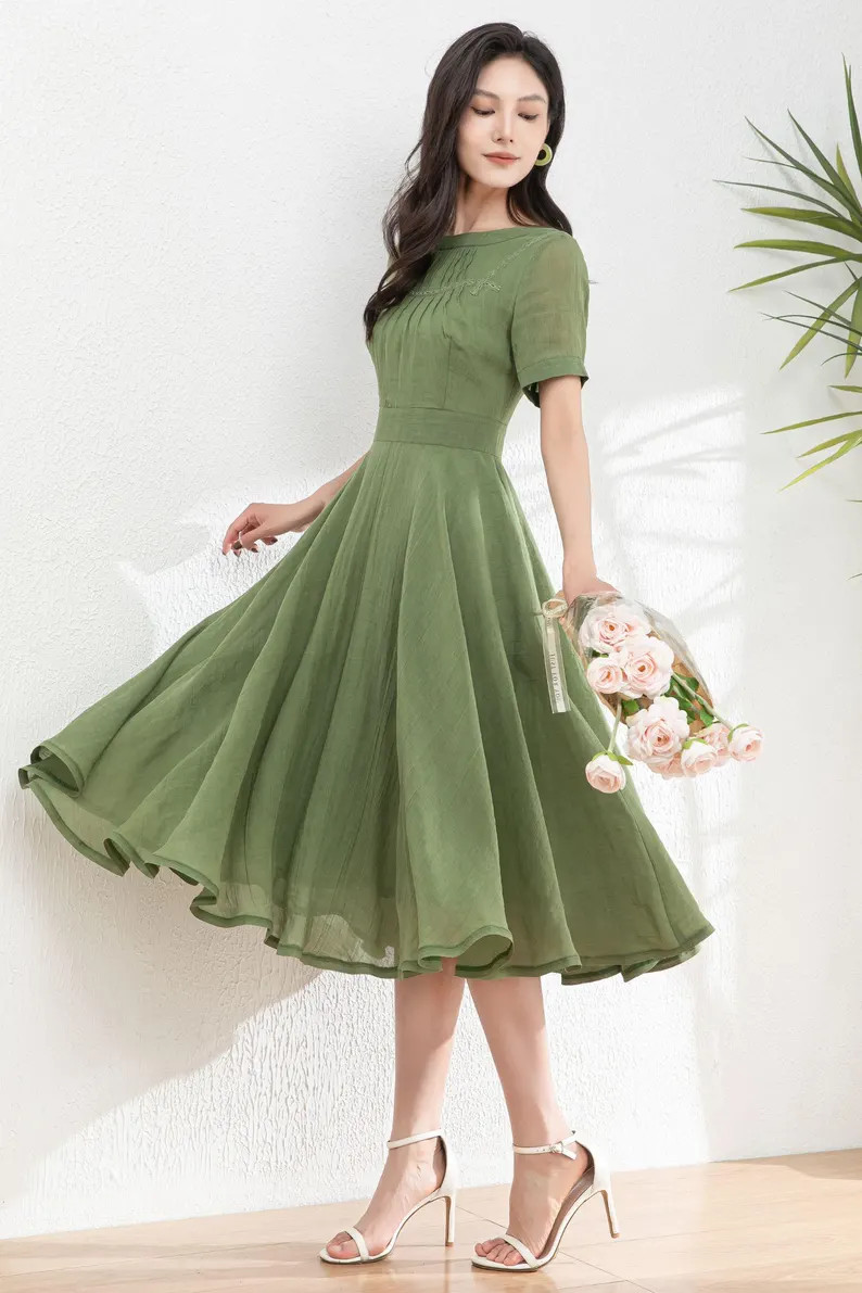Wedding Guest Dress, Green Women's Swing Linen Dress, Summer Dress, Fit and Flare Dress, Bridemai... | Etsy (US)