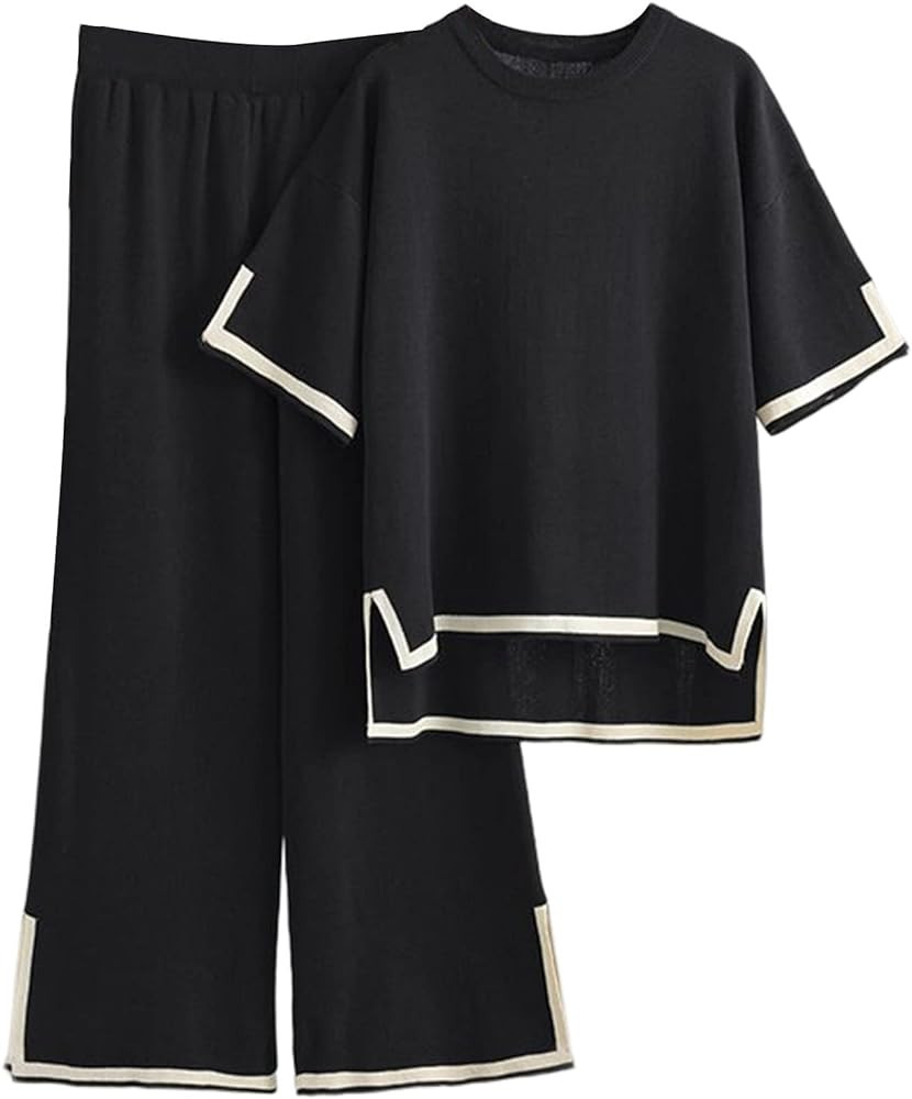 Gihuo Women's Sweater Sets 2 Piece Outfits Knit Lounge Sets Short Sleeve Pullover Tops Wide Leg P... | Amazon (US)