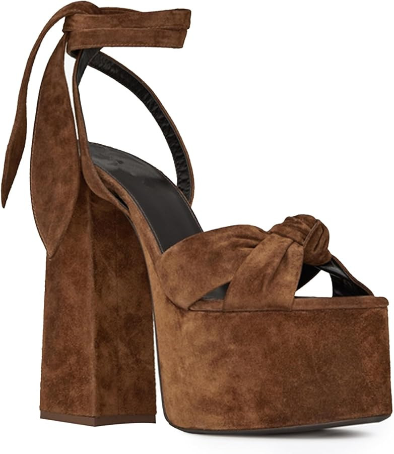 Platform Strappy Heels Sandals for Women, Chunky Heel Round Peep Toe Ankle Strap Sandals for Prom... | Amazon (US)