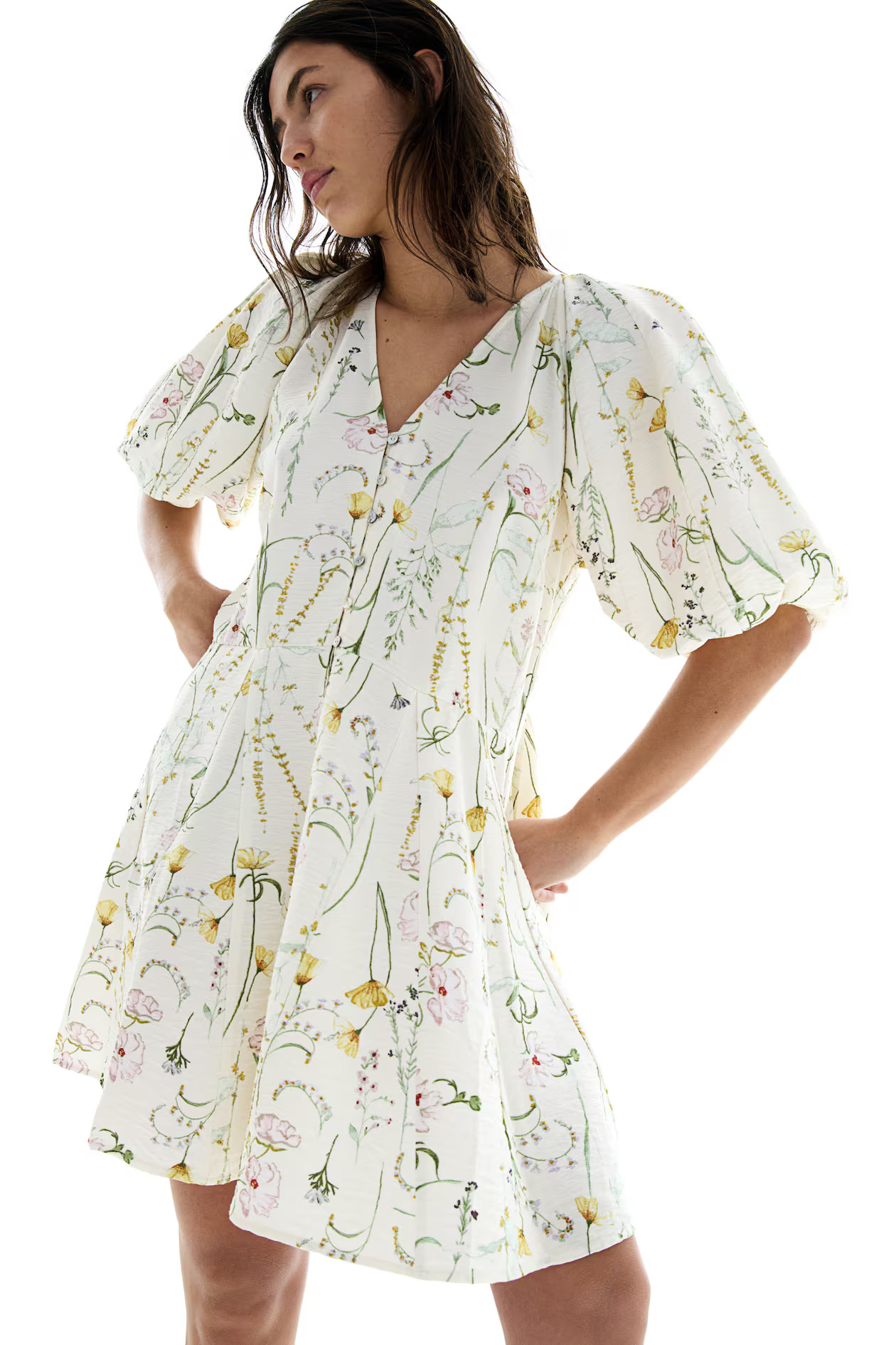 Dress with Flared Skirt - Cream/floral - Ladies | H&M US | H&M (US + CA)