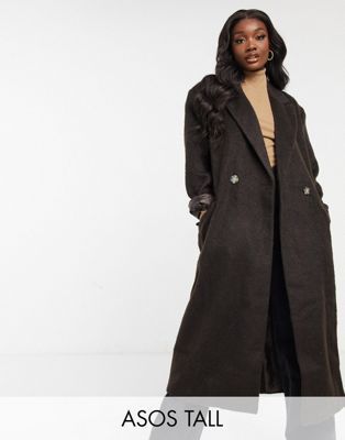 ASOS DESIGN Tall brushed dad maxi coat in brown | ASOS (Global)
