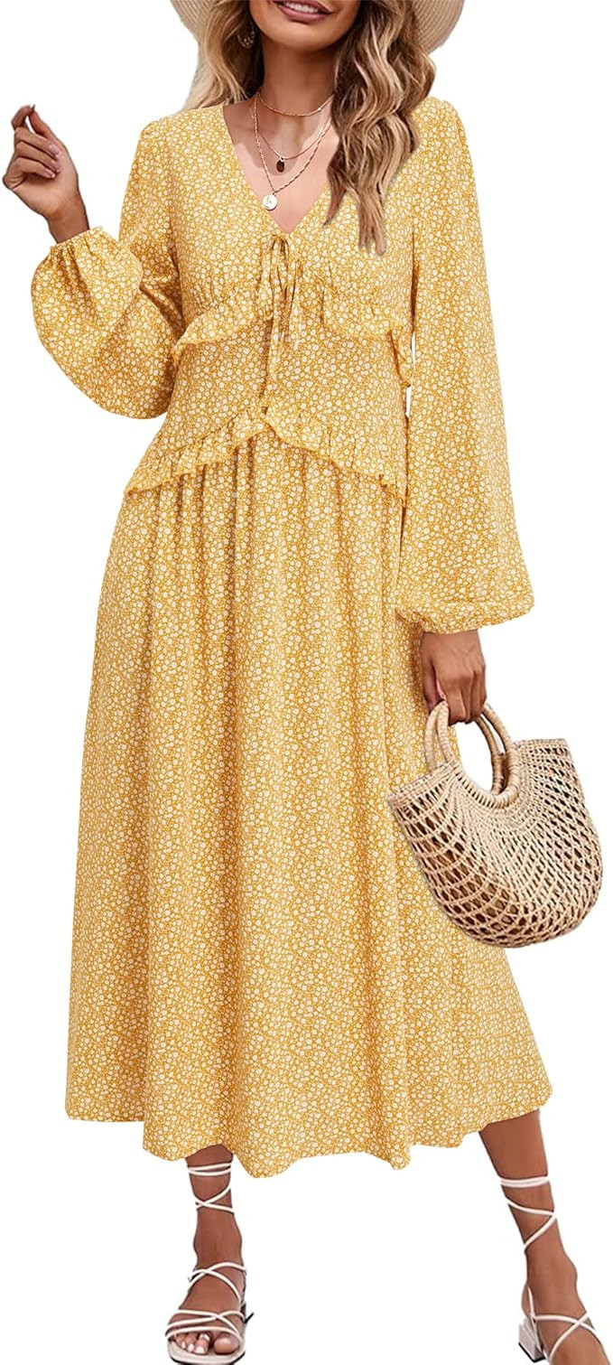 II ININ Women's V Neck Lantern Long Sleeve Midi Dress 2022 Fall Boho Floral Print Casual Ruffle P... | Amazon (US)