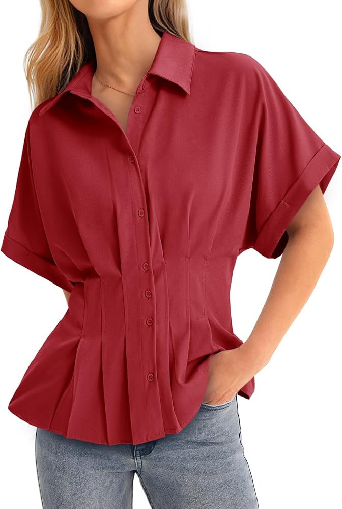 Cicy Bell Womens Pleated Button Down Blouse Summer Cuffed Short Sleeve Peplum Tops Casual Dressy ... | Amazon (US)