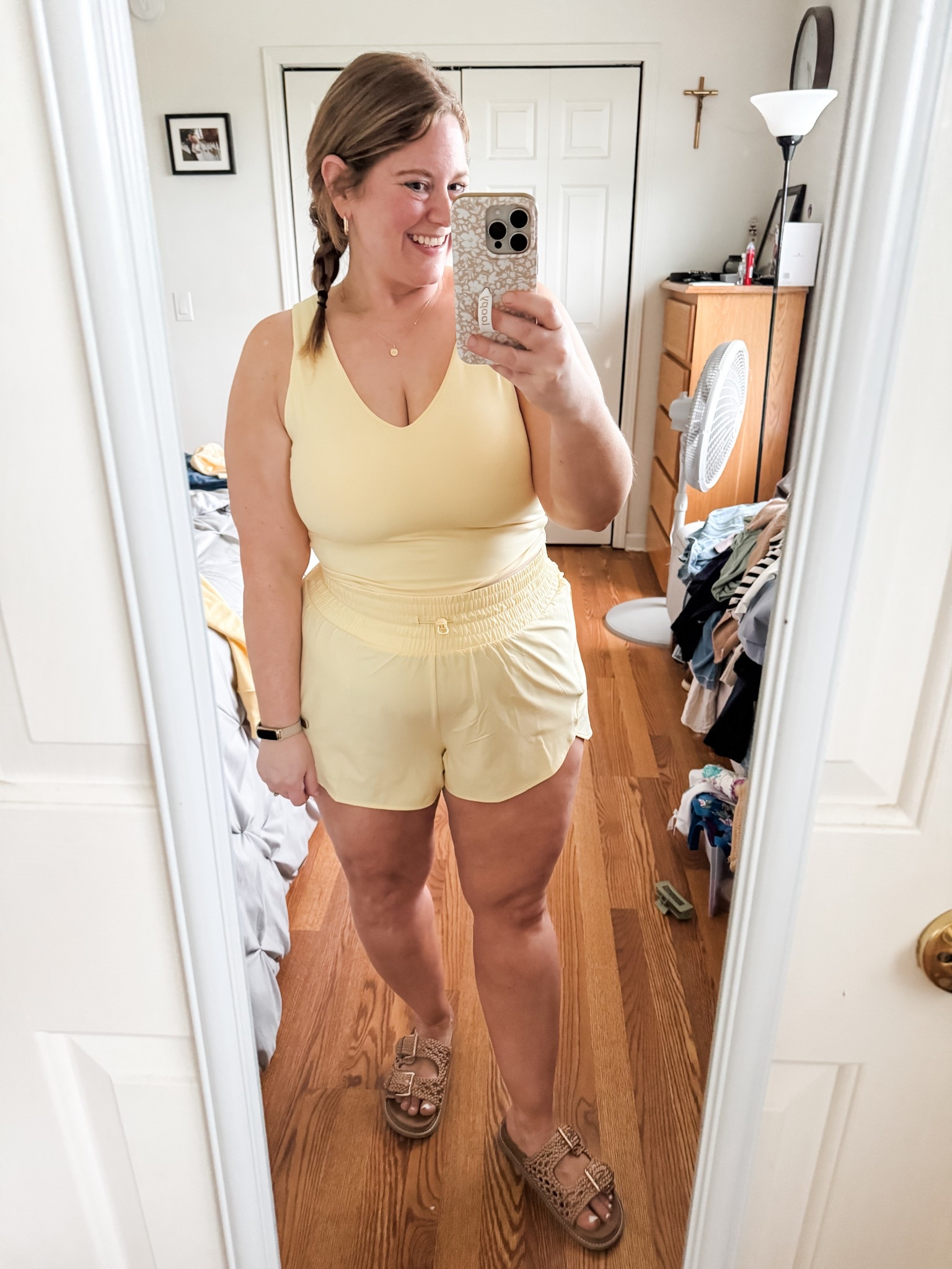 Cutest butter yellow athletic set!  I sized up in the top (reviews said it ran small) so I’m wearing an XXL.  Will be low support for me- perfect for walking or just hanging out.  Shorts are an XL.  

#LTKActive #LTKSummerEdit #LTKMidsize