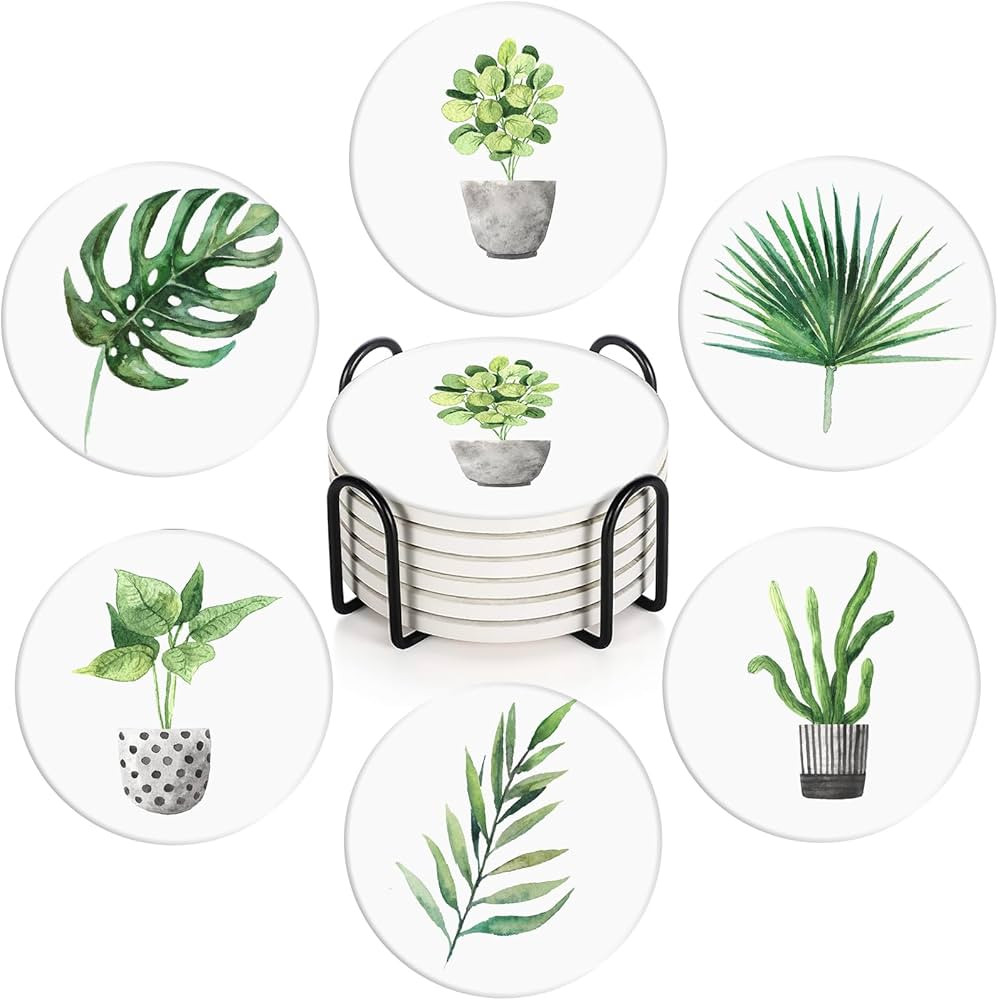 Britimes Set of 6 Coasters for Drinks Absorbent Green Leaves with Cork Base, Metal Holder, Round ... | Amazon (US)