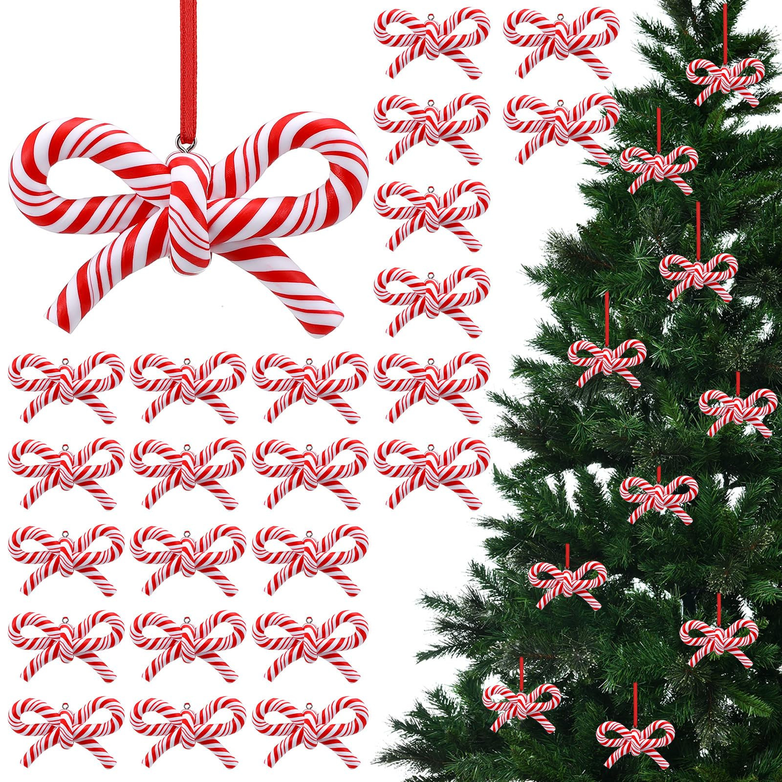Hungdao 24 Pcs Bow Candy Cane Christmas Ornaments Red and White Christmas Tree Decoration Stripe ... | Amazon (US)