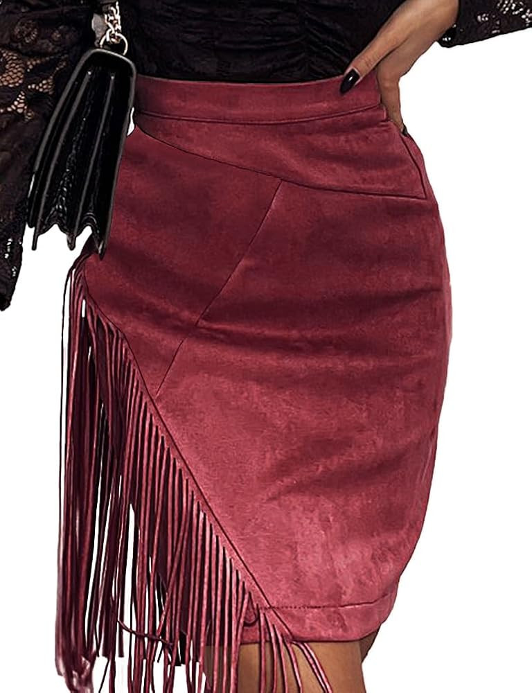 IDEALSANXUN Fringe Suede Skirt for Women High Waisted Fall Winter Tassel Short Mini Skirt 2025 | Amazon (US)