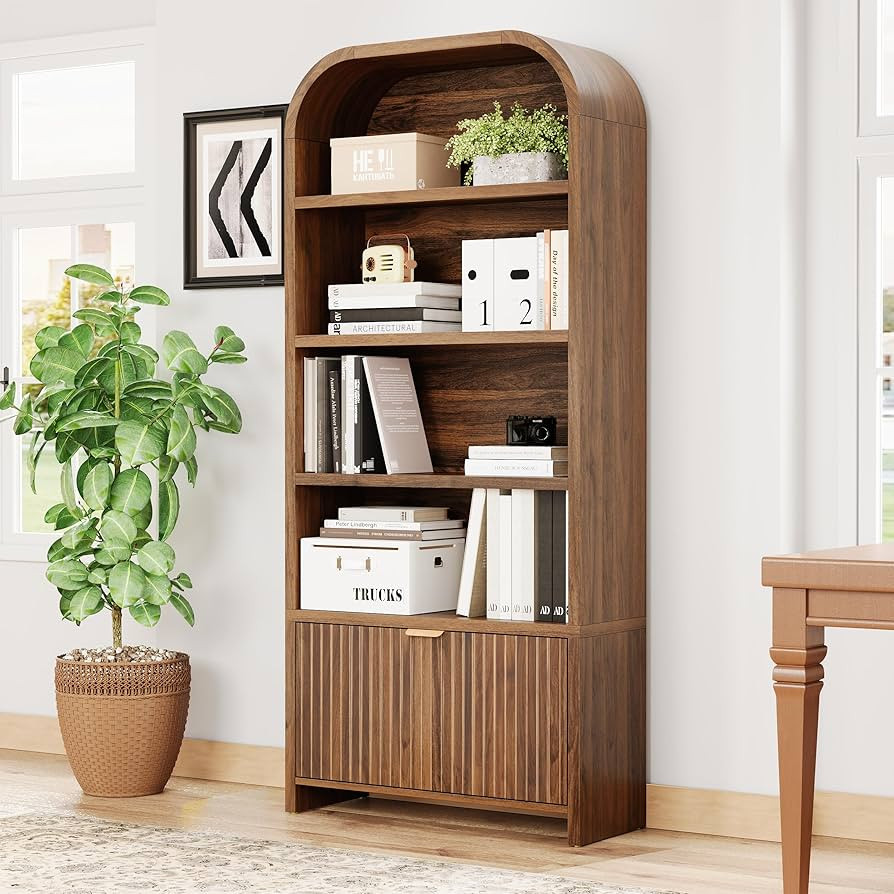 LEVNARY Arched Bookcase with Drawer, 70" Tall 5-Tier Bookshelf with Fluted Carved Drawer, Freesta... | Amazon (US)