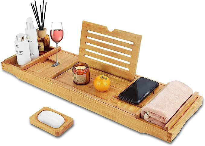 IFELES Bamboo Bathtub Caddy Tray for Tub with Bath Accessories,Bath Trays Shelf for Luxury Bath, ... | Amazon (US)
