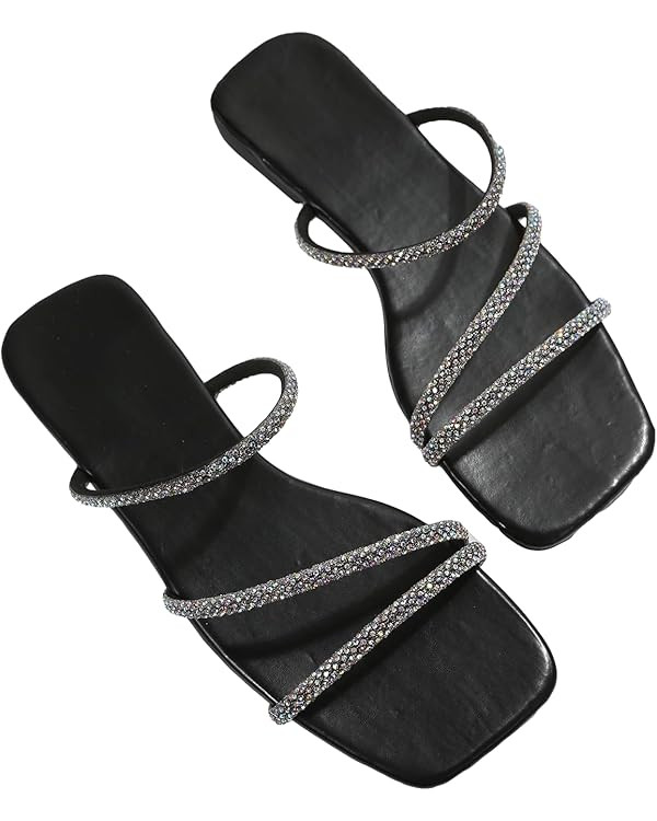 GORGLITTER Women's Rhinestone Flat Sandals Strappy Slip on Open Toe Slide Sandals | Amazon (US)