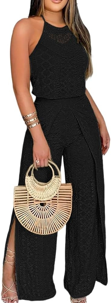 CHICME Women's Eyelet Halter Neck Jumpsuit High Waist Wide Leg Romper with Side Slit Casual Summe... | Amazon (US)