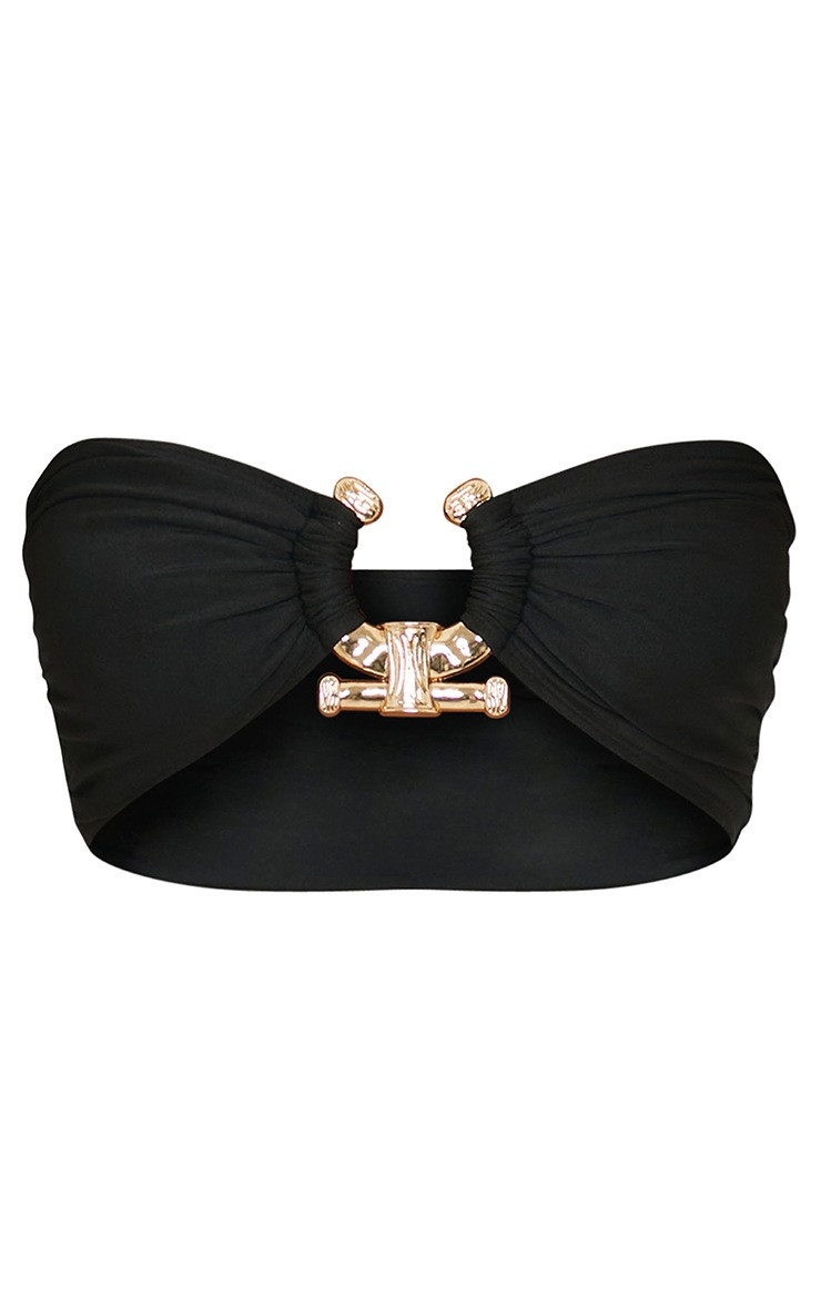 Black Hammered Trim Bandeau Bikini Top | PrettyLittleThing US