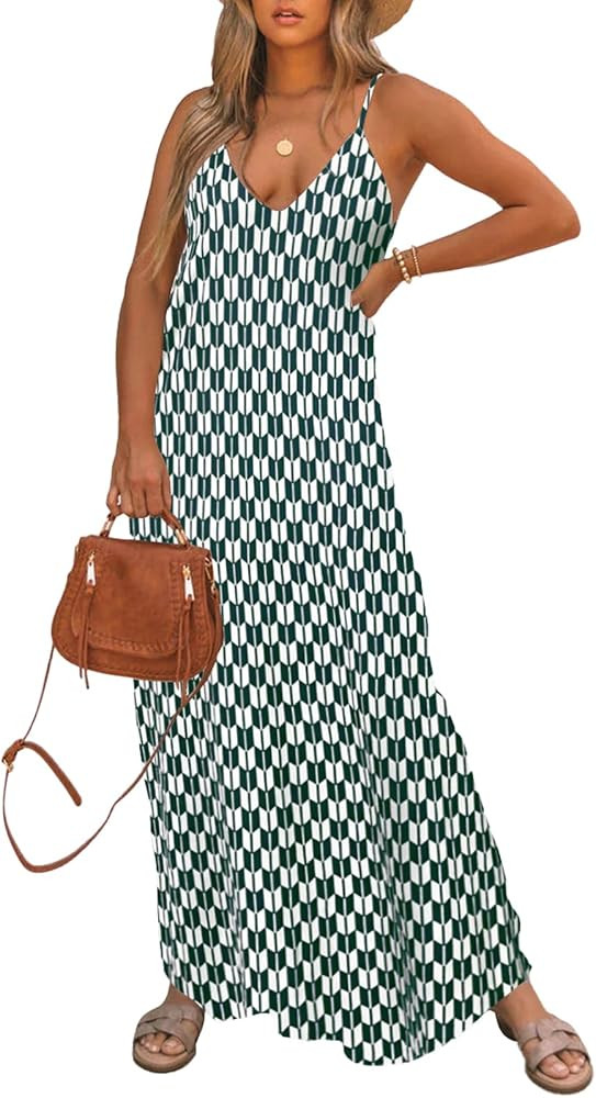 Poetsky Womens Casual Strappy V Neck Sleeveless Flowy Pockets Loose Long Maxi Beach Dress Sundres... | Amazon (US)
