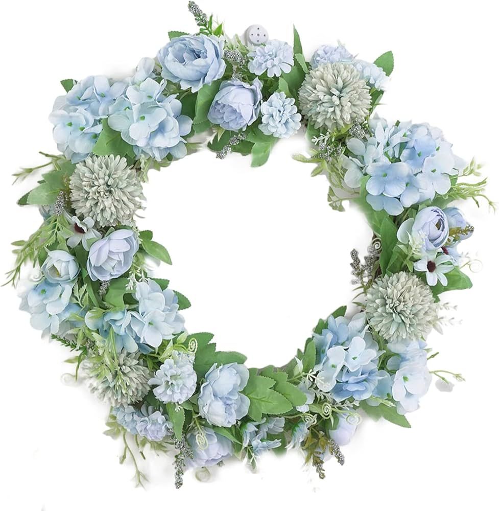 15.7inch Artificial Light Blue Hydrangea and Peony Floral Spring Wreath Silk Peony Wreath with Gr... | Amazon (US)