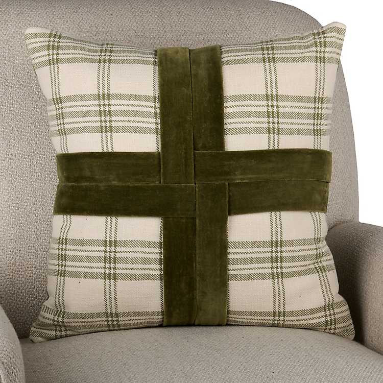 New! Sage Plaid Velvet Cross Pillow | Kirklands