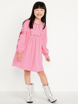 Long-Sleeve Double-Weave Embroidered Swing Dress for Girls | Old Navy (US)