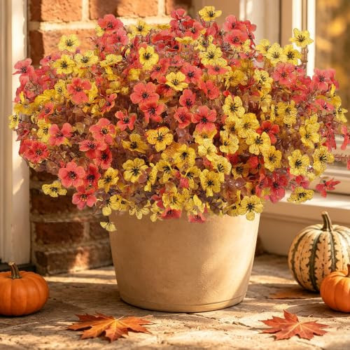 Artificial Faux Mums Flowers Plants for Outdoors Fall Decoration,12 Bundles Fake Mums Silk Daisy Plastic Flowers Plant UV Resistant Look Real for Outside Planters Patio Front Yard Autumn Orange Yellow | Amazon (US)