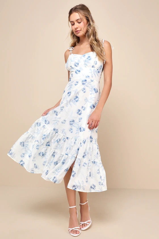 Airy Romance Ivory Floral Print Tiered Tie-Strap Midi Dress | Lulus