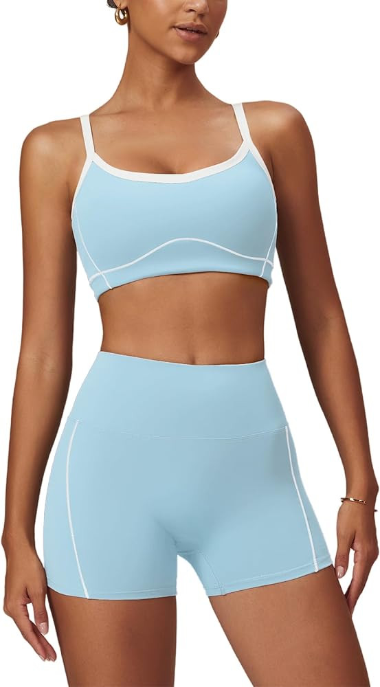 OMEWEE Yoga sets for women 2 piece Fashion contrasting lines Sports Bra and Tummy Control Butt-li... | Amazon (US)