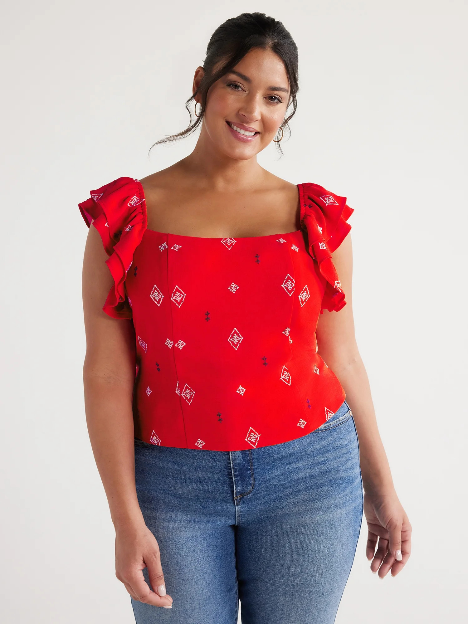 Sofia Jeans Women's and Women's Plus Double Ruffle Embroidered Top, Sizes XS-5X | Walmart (US)