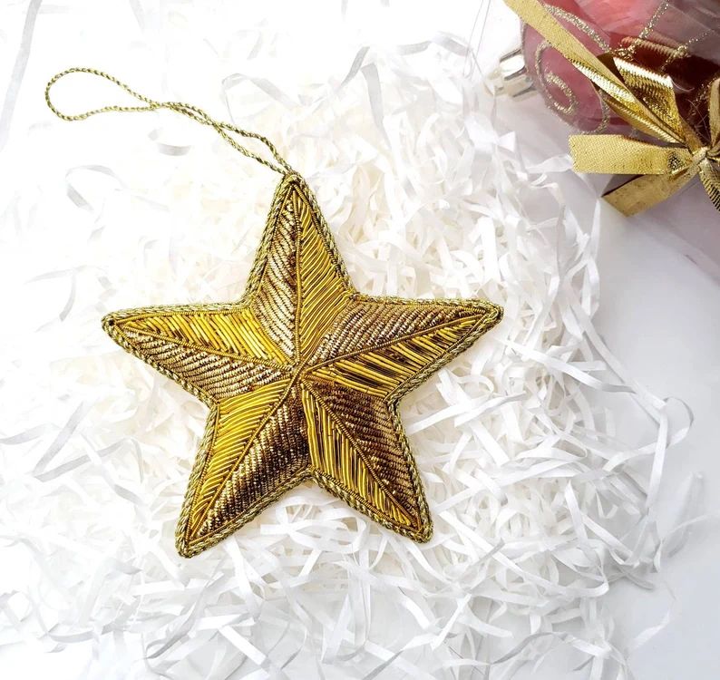 Hand Embroidered Metallic Gold Star Christmas Hanging - Etsy | Etsy (US)