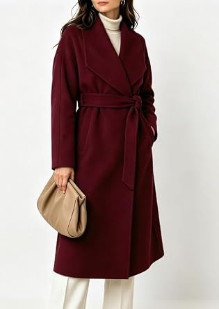 Women's Long Wool Coat Elegant Warm Winter Wrap Trench Overcoat with Belt | Amazon (US)
