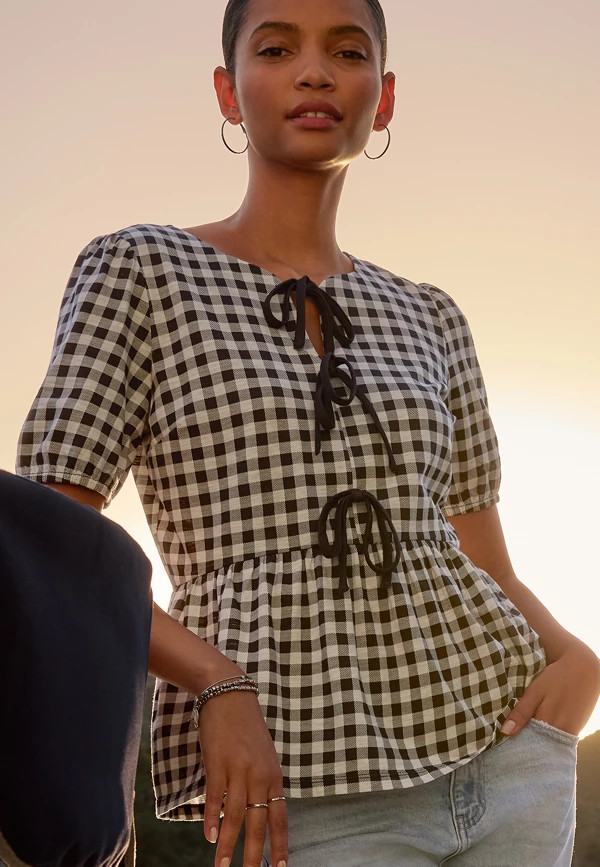Gingham Tie Front Peplum Top | Maurices