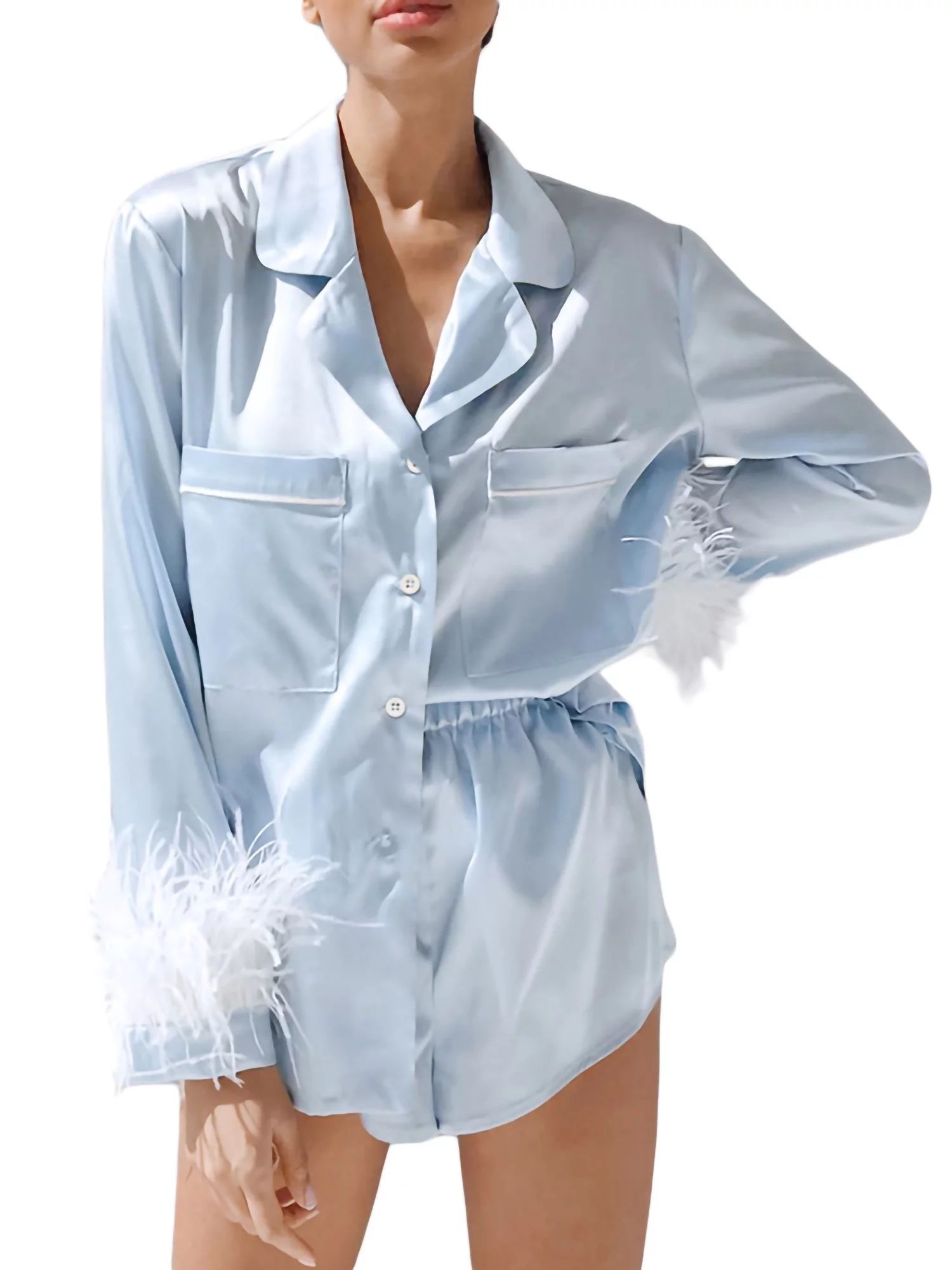FOCUSNORM Women Satin Feather Sleeve Pajamas Set Button Down Long Sleeve Sleepwear Silk Shorts 2P... | Walmart (US)