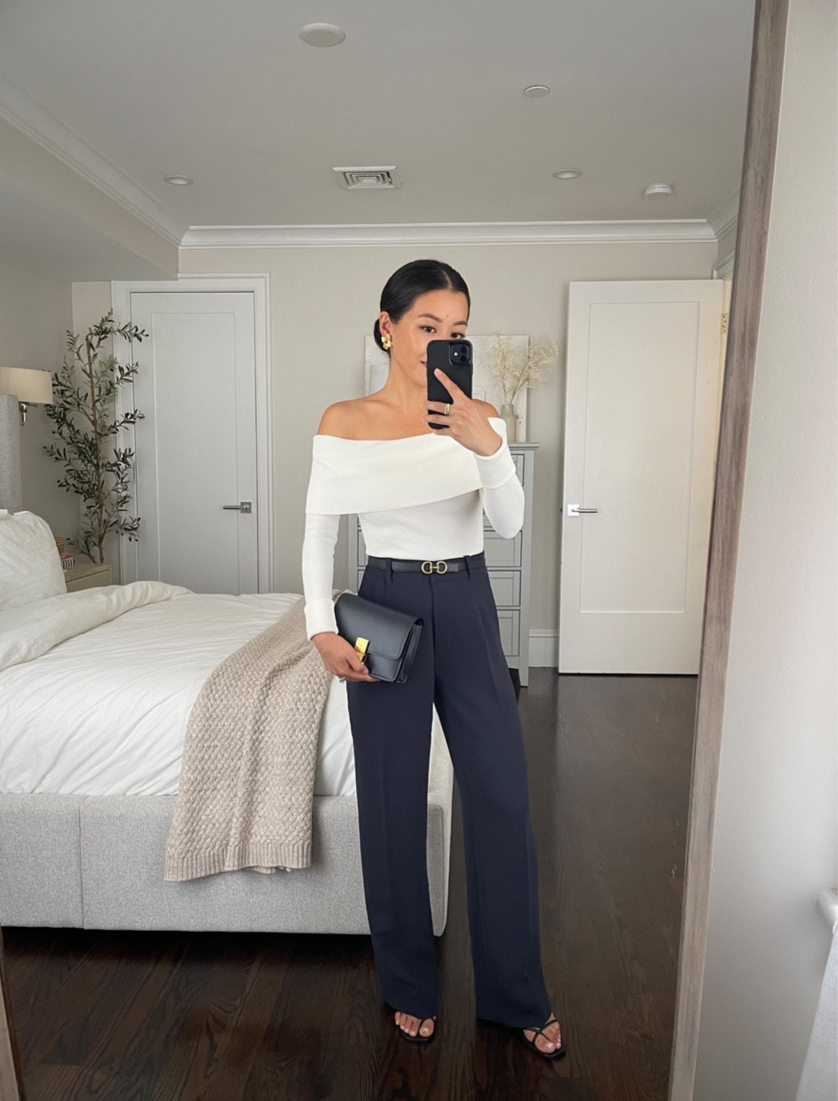 Elegant Aritzia pieces. Also love these pants in a crop style with the matching vest 

• Edited pieces mini reversible belt xxs (sold at editedpieces.com) 

• Nola sweater xxs - the sleeves are long so I have them folded up 

• their pants are Some of the best quality tailored trousers out there with no waist gap on me. 

I have a 25” waist and can fit 00 short but the 0 short is a little more comfortable, so I sized up this time. 

FYI the short length at Aritzia is still on the longer side (28.5” inseam) and I need to wear with high heels. 

The most versatile pant for me is actually their cropped (also linked) which I get in 0 regular!. 

If you’re ordering online be sure to check the tag upon receipt to make sure you got the right style and length. Once I received the regular length even though I ordered short!

• Celine box bag 

#LTKSeasonal #LTKWorkwear