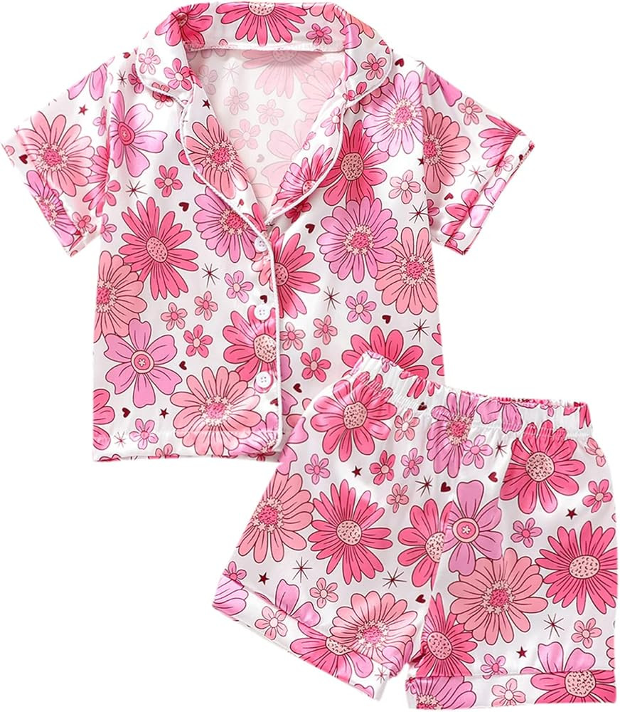 Qiylii 1-6Y Toddler Girls Floral Silk Pajamas Short Sleeve Button-Up Top Shorts Summer 2PC Flower... | Amazon (US)