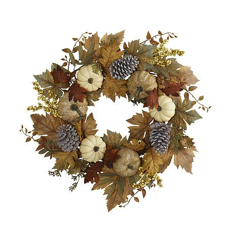 24 in. Fall Pumpkins, Pine Cones and Berries Artificial Wreath - 9765342 | HSN | HSN