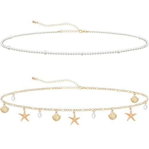 Ronglry 2pcs Gold Starfish Waist Chain for Women Layered Shell Belly Chain Beach Waist Beads Body Chains for Women Boho Adjustable Sexy Bikini Body Chain for Summer Beach Jewelry Accessories-shell | Amazon (US)