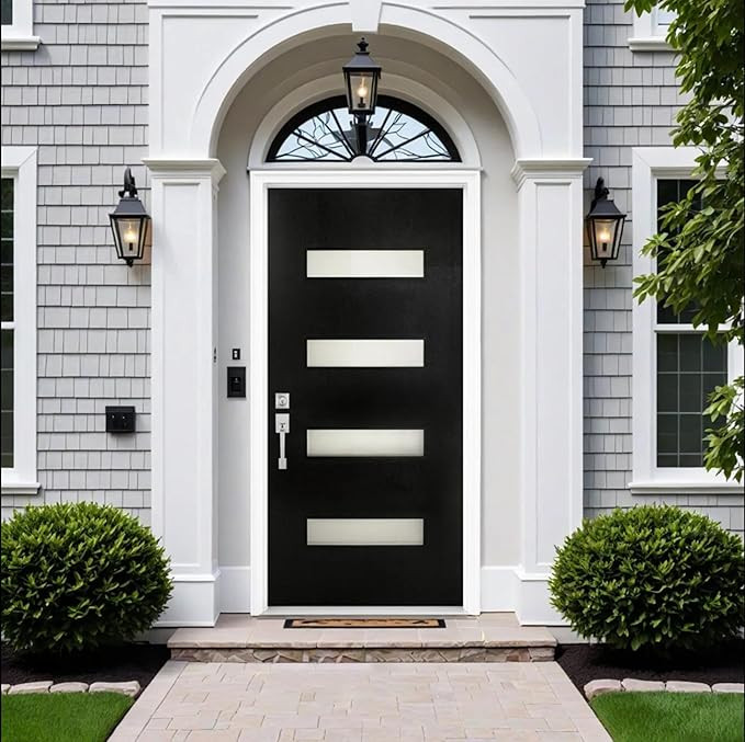 Modern Black Exterior Fiberglass Entry Front Door with 4 Frosted Glass Panels Includes Frame & Ha... | Amazon (US)