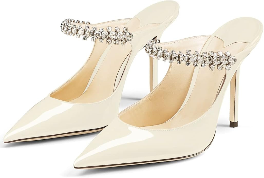 MIRAAZZURRA Women Heeled Mules Rhinestone Strappy Pointed Toe Mules Stiletto High Heels Slip On B... | Amazon (US)