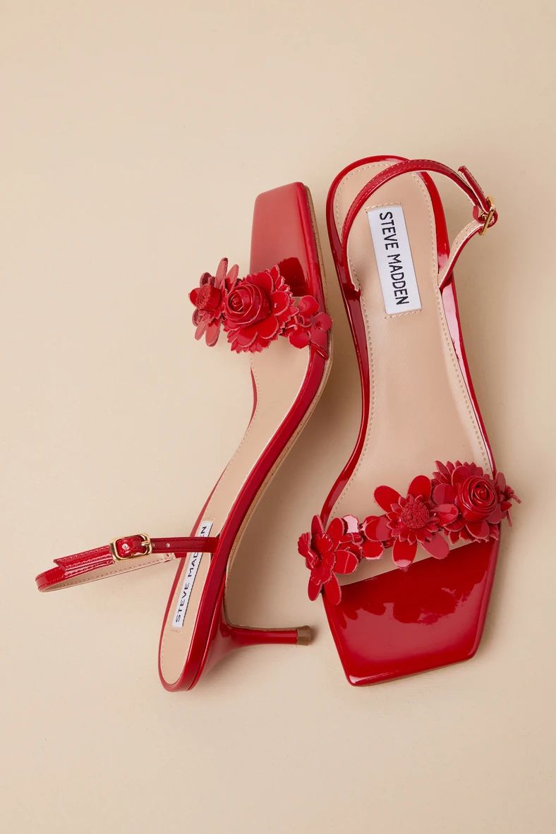 Rosalea Red Patent Flower Slingback Kitten Heel Sandals | Lulus