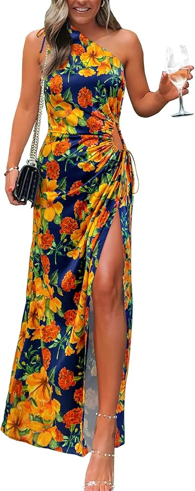 PRETTYGARDEN Women's 2023 Summer One Shoulder Satin Dress Cutout High Split Cocktail Wedding Guest M | Amazon (US)