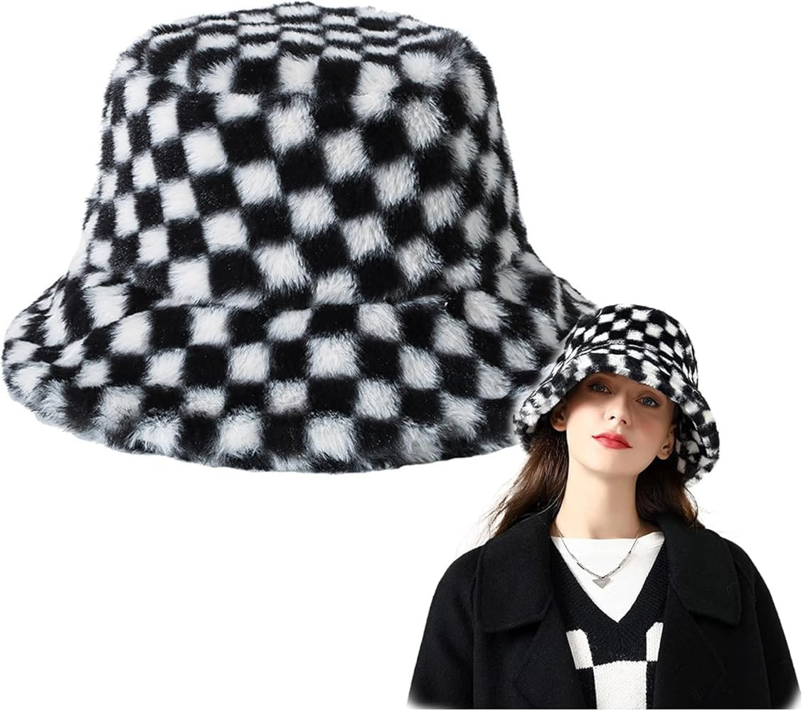 Womens Winter Fluffy Bucket Hat Checkered Pattern,Winter Faux Fur Bucket Hat Fluffy Warm Hat for ... | Amazon (CA)