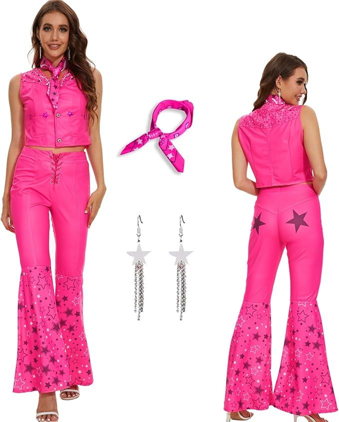 Saxcdyi Cowgirl Costume 70s 80s Hippie Disco Outfits Pink Vest Top Flare Pant Halloween Margot Ro... | Amazon (US)
