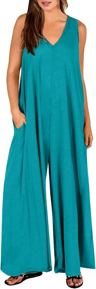 ANRABESS Women's Casual Summer Loose Jumpsuits Sleeveless Tank V Neck Wide Leg Long Pant Rompers ... | Amazon (US)
