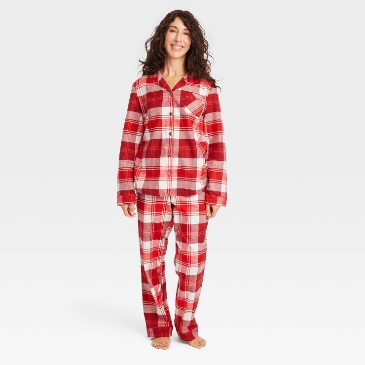 Women&#39;s Tartan Plaid 2pc Pajama Set - Hearth &#38; Hand&#8482; with Magnolia Red/Cream S | Target